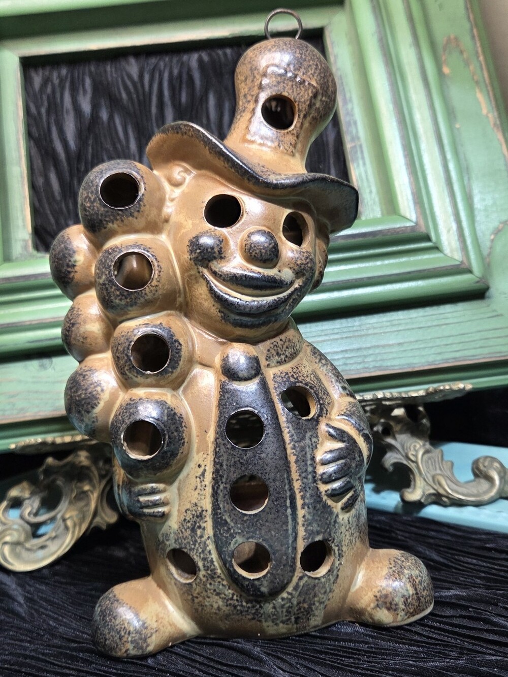 Vintage MCM Japanese 50-70's ceramic clown tea light holder speckled brown Glaze